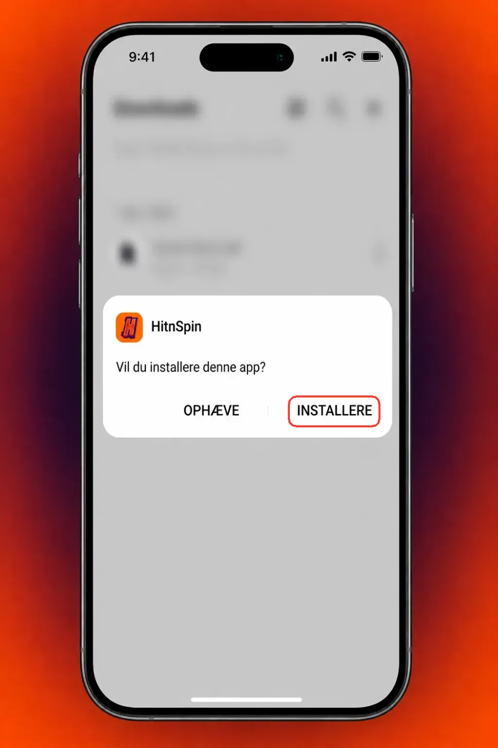 Knappen Installere i Androids dialog om installation af HitnSpin appen