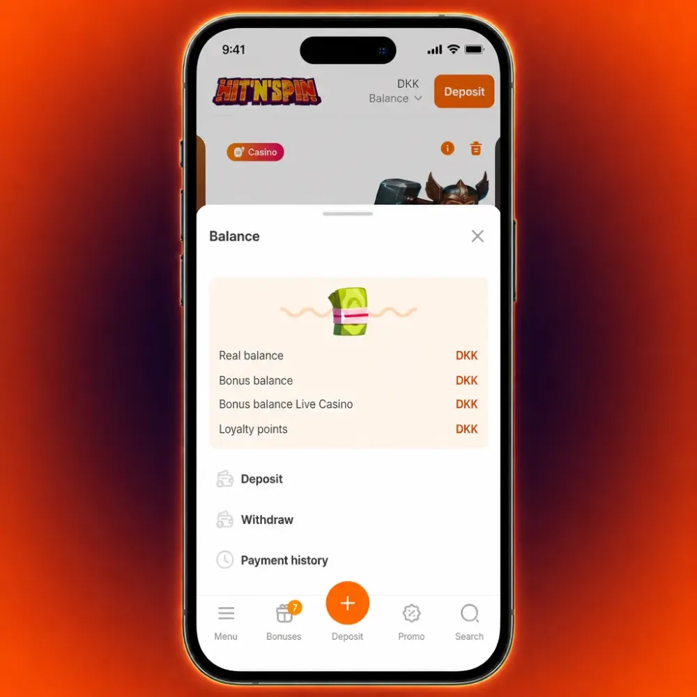 Kontosaldo hos HitnSpin med separat bonussaldo til live casino