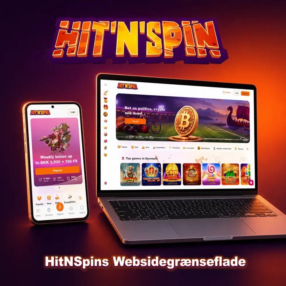 Forsiden hos HitnSpin med menu til casino, live casino og sport