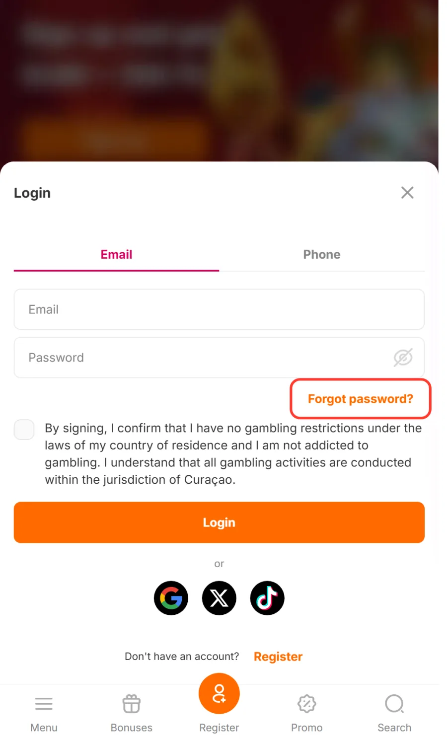 Linket Forgot password i login-vinduet hos HitnSpin