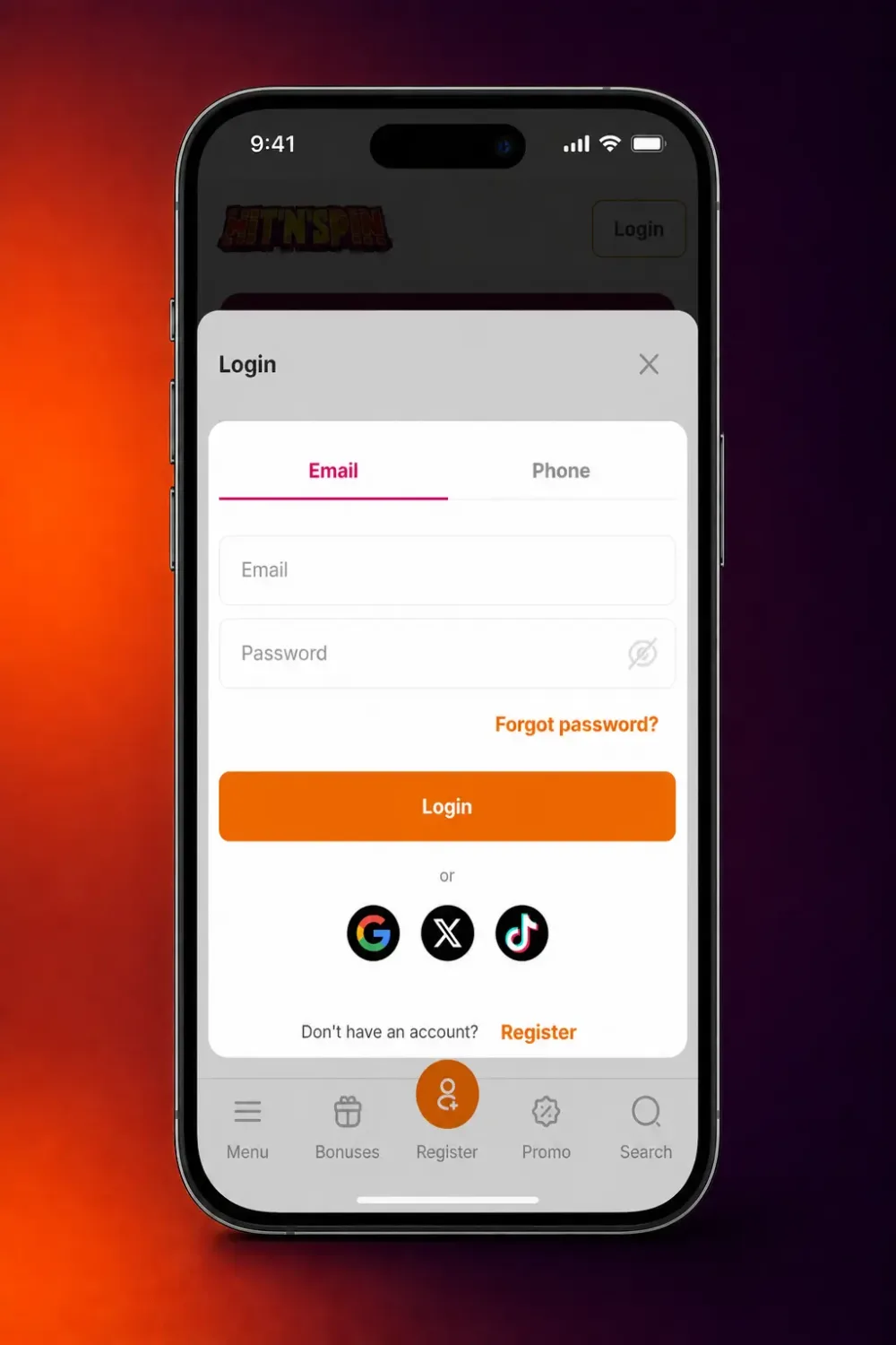 Login hos HitnSpin med Google, X eller TikTok