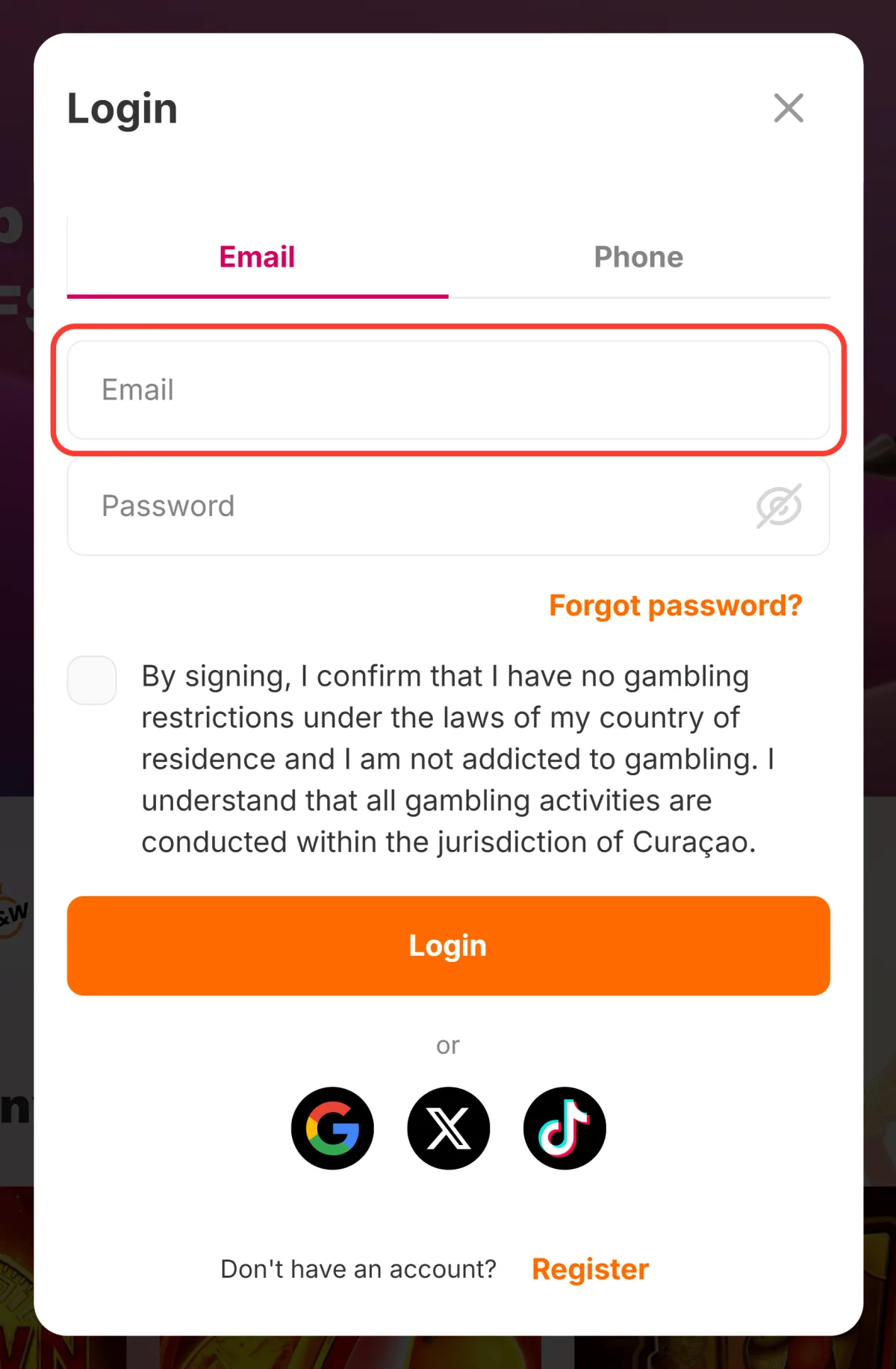 Feltet Email i HitnSpins login-vindue