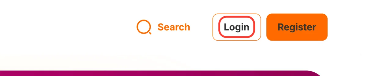 Knappen Login i toppen af HitnSpin ved siden af Register