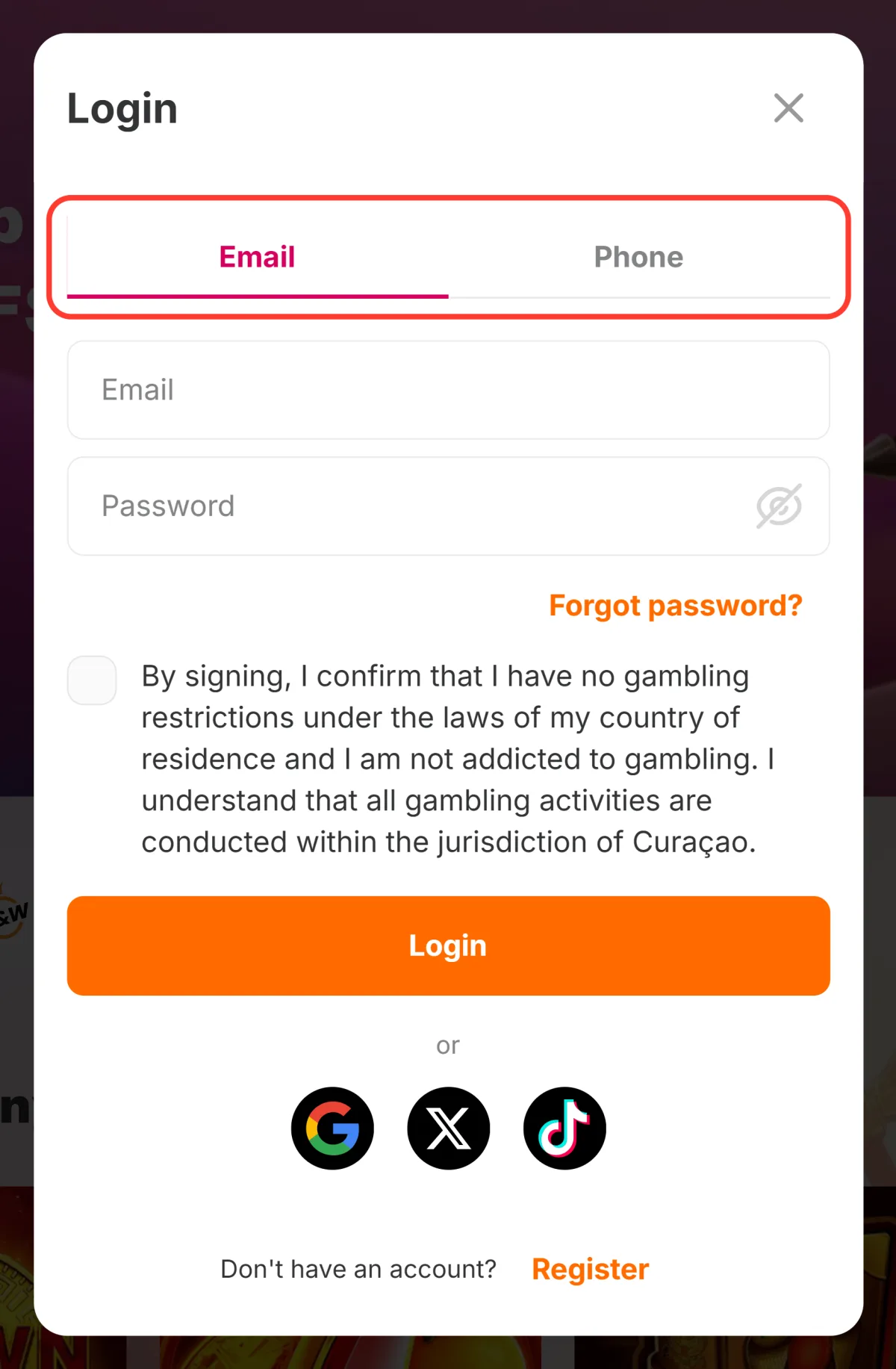 Fanerne Email og Phone i HitnSpins login-vindue