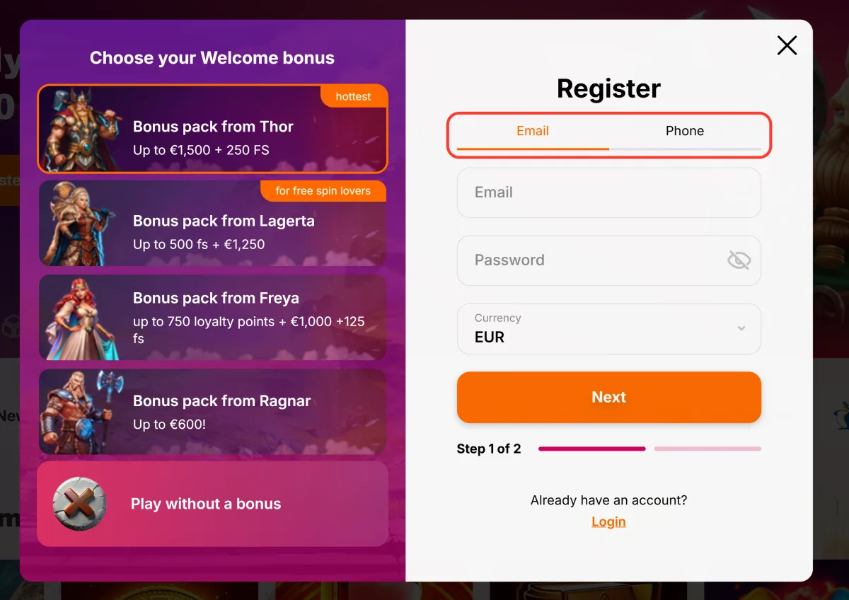 Fanerne Email og Phone i HitnSpins registreringsformular