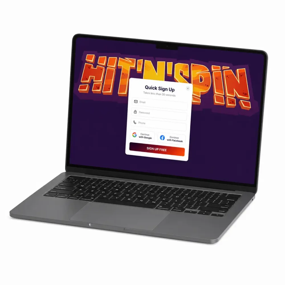 Registreringsformularen hos HitnSpin aabnet paa en baerbar