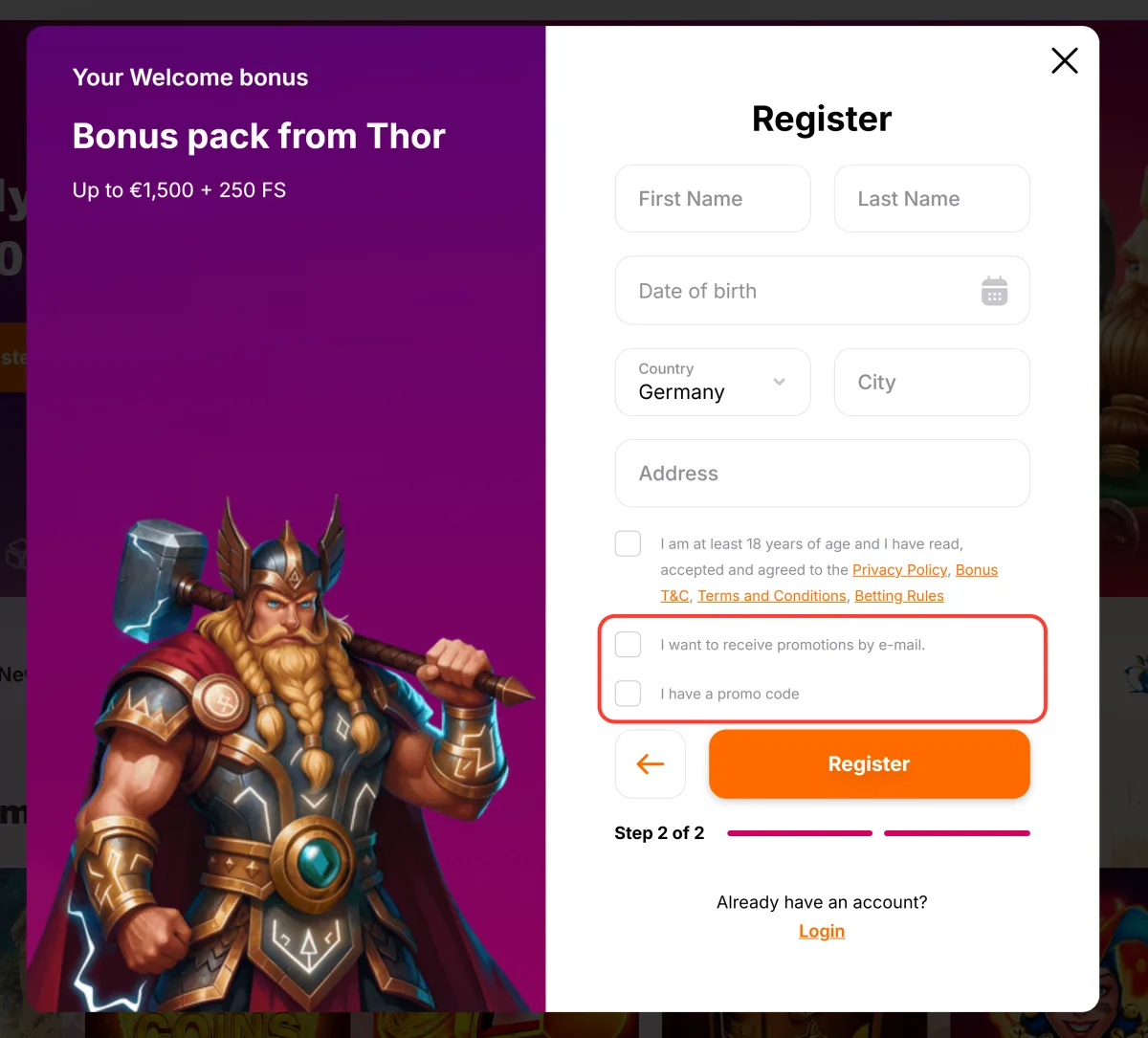 Frivillige felter om kampagner og promo code hos HitnSpin