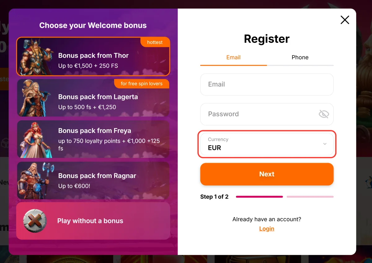 Feltet Currency i HitnSpins registreringsformular