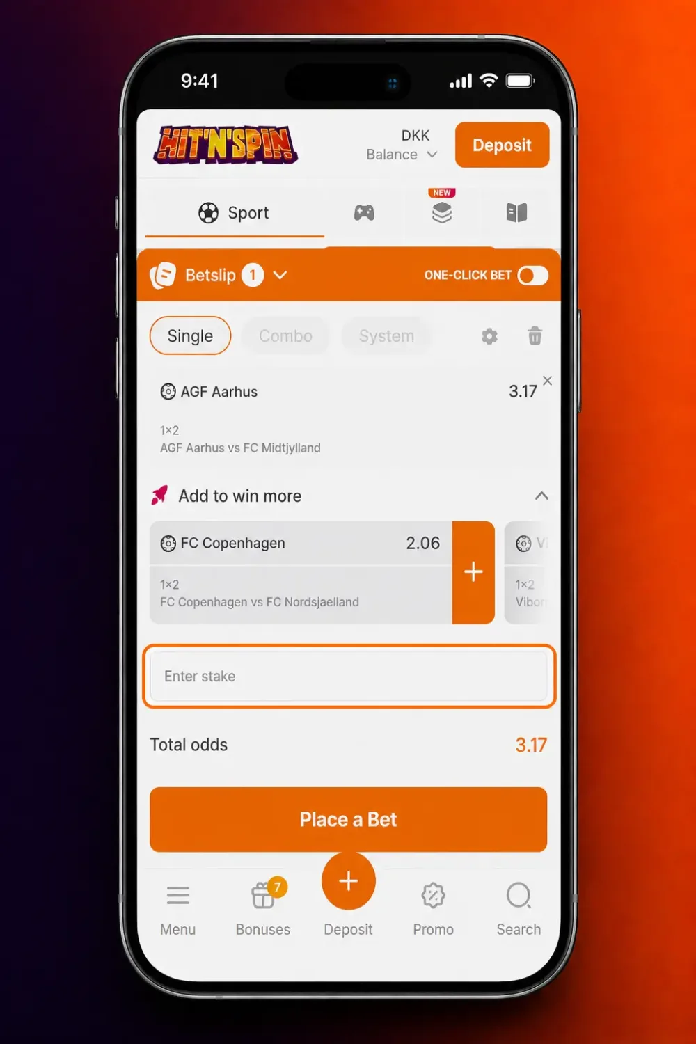 Kuponen hos HitnSpin med samlet odds og knappen Place a Bet