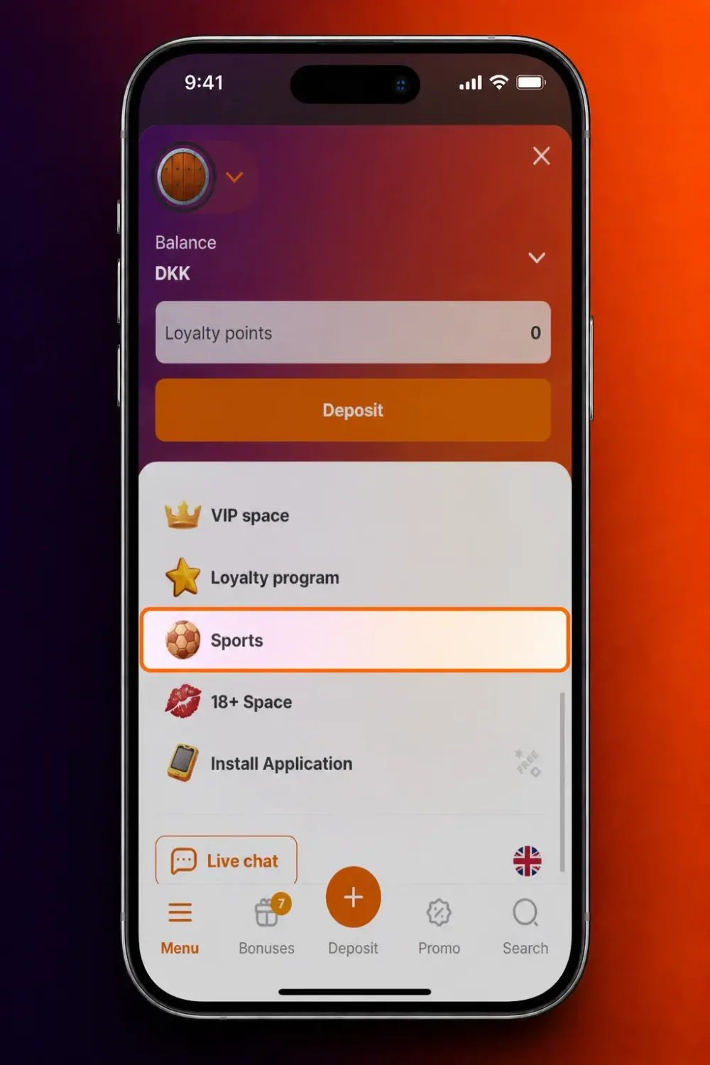 Menupunktet Sports i HitnSpin appen markeret