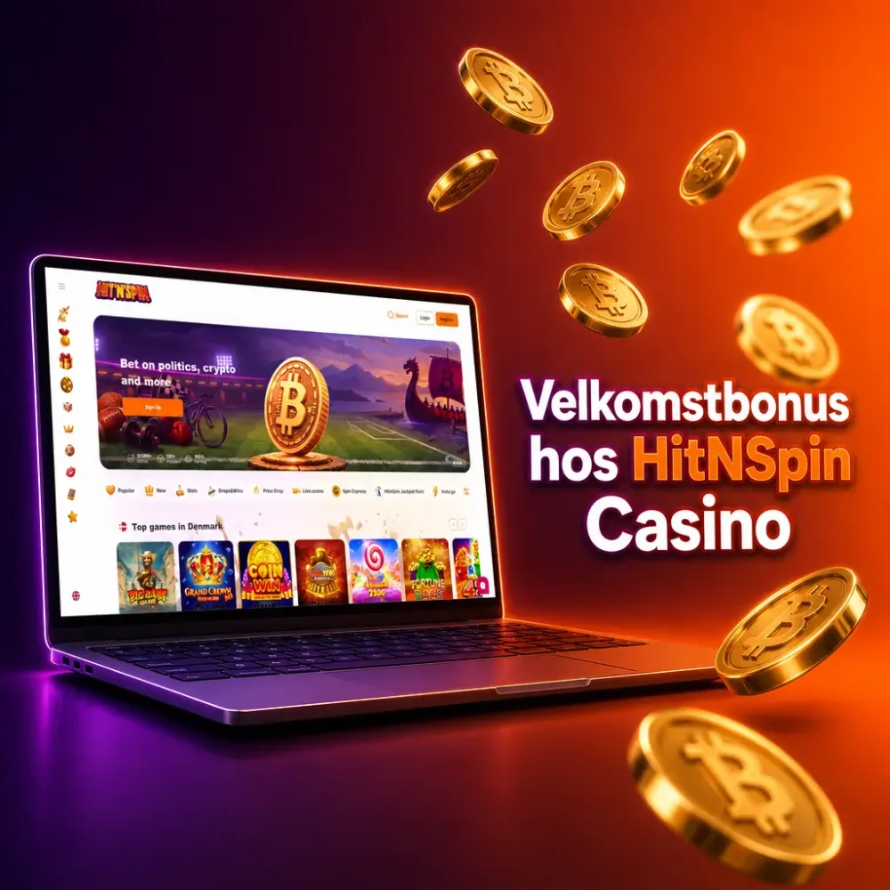 Velkomstbonus hos HitnSpin casino vist paa computerskaerm